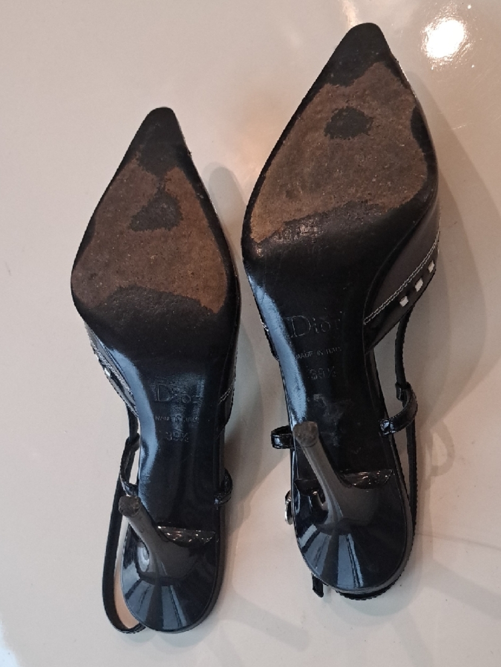 Dior Black Patent Leather Pointed Slingback Heels with Silver Hardware - Picture 3 of 4